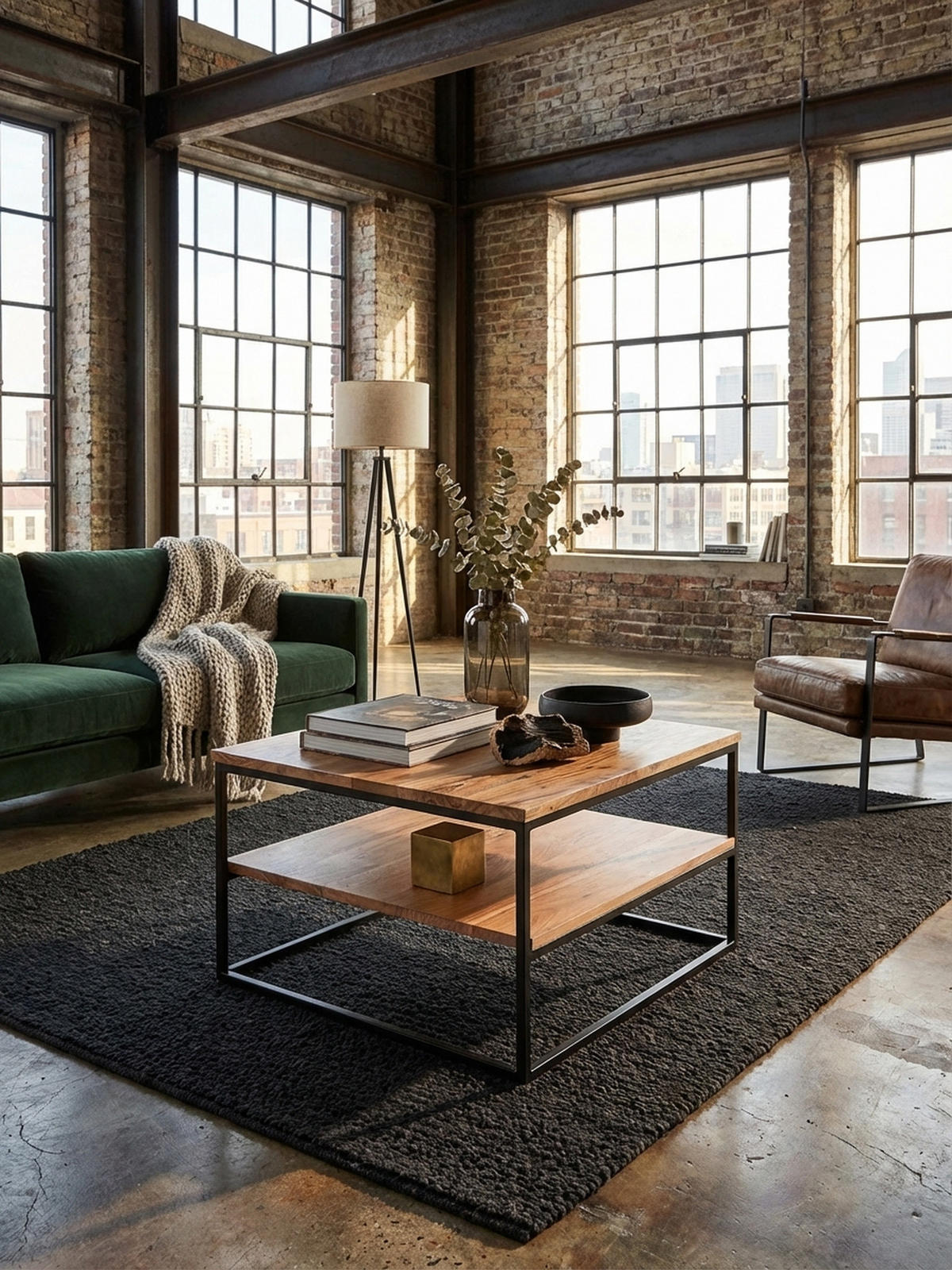 COUCHTISCH Industrial, Akazienholz mit Metallbeinen, zwei Ablageflächen - Beige/Schwarz, Holz/Metall (60/60/41cm) - KADIMA DESIGN