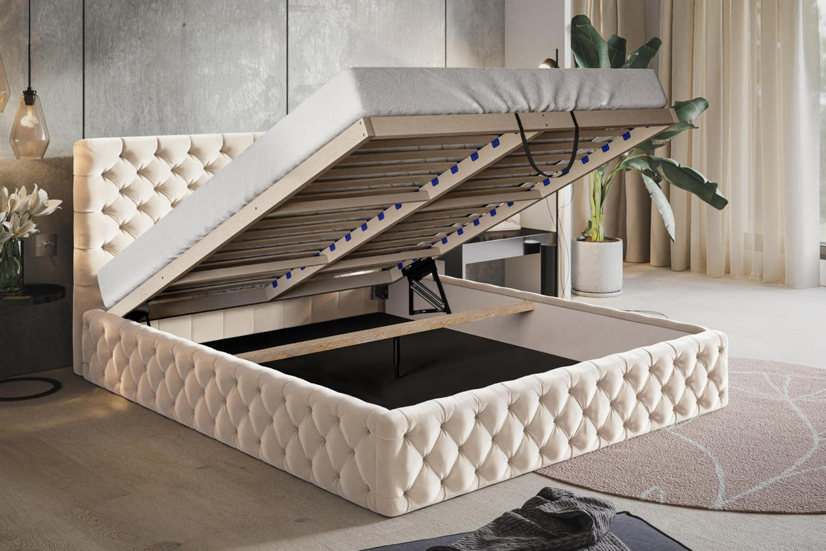 BETT 160x200 - Polsterbett mit Bettkasten und Holzrahmen - Elegant Betten - Weicher Jasminstoff - Kollektion Miami, Beige - AlpiMeble - Beige, Holz/Kunststoff (160/200cm) - Alpi-Möbel
