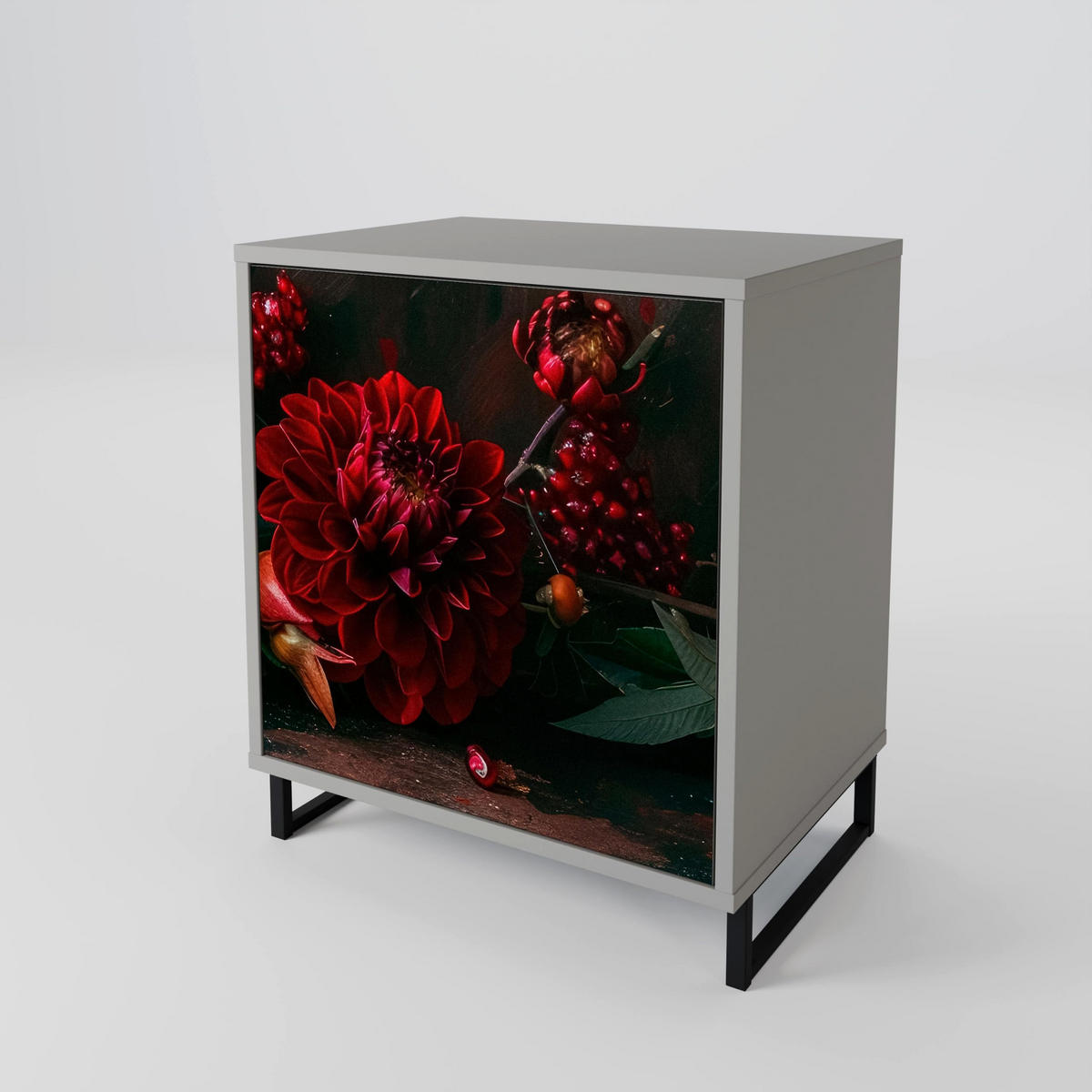 SIDEBOARD DAHLIAS AND POMEGRANATES, Grau, 57,5x42x77,5 cm, Schräge Buchenholzfüße - Buchefarben/Multicolor, Holzwerkstoff/Buchenholz (57.5/77.5/42cm) - SpaceRebels