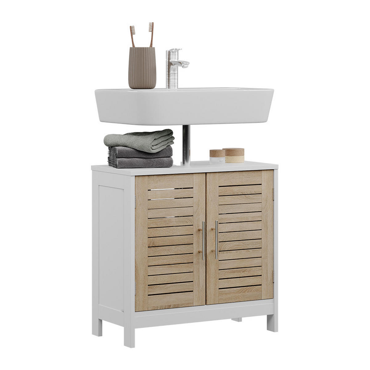 WASCHBECKENUNTERSCHRANK Looma Weiß/Eiche 60 x 60 cm mit 2 geschlossenen Fächern - Weiß, Holzwerkstoff (60/60/29.6cm) - Vicco