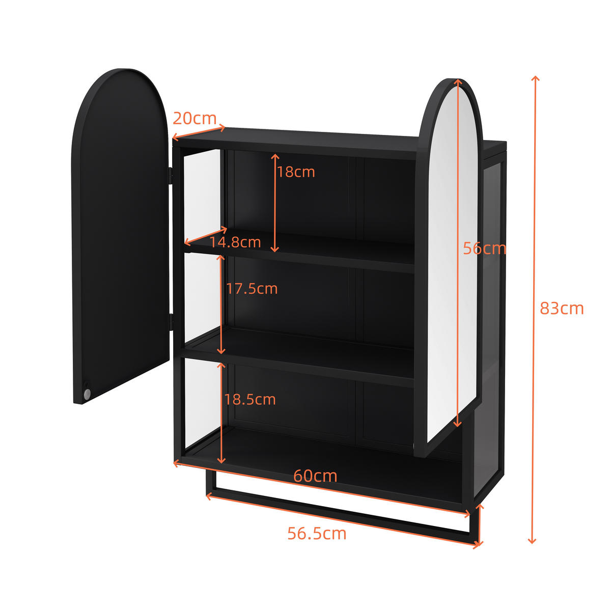 SPIEGELSCHRANK mit 2 Türen 60x20x83cm in Schwarz mit Metallrahmen und Regal - Schwarz, Glas (60/83/20cm) - Modfu