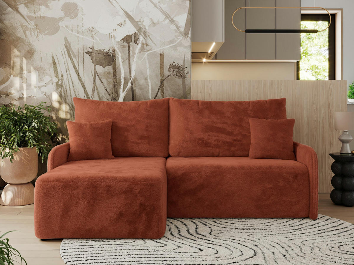ECKSCHLAFSOFA ARPA L Orange Plüsch - links - Schwarz/Orange, Kunststoff/Textil (198/150cm) - MKS