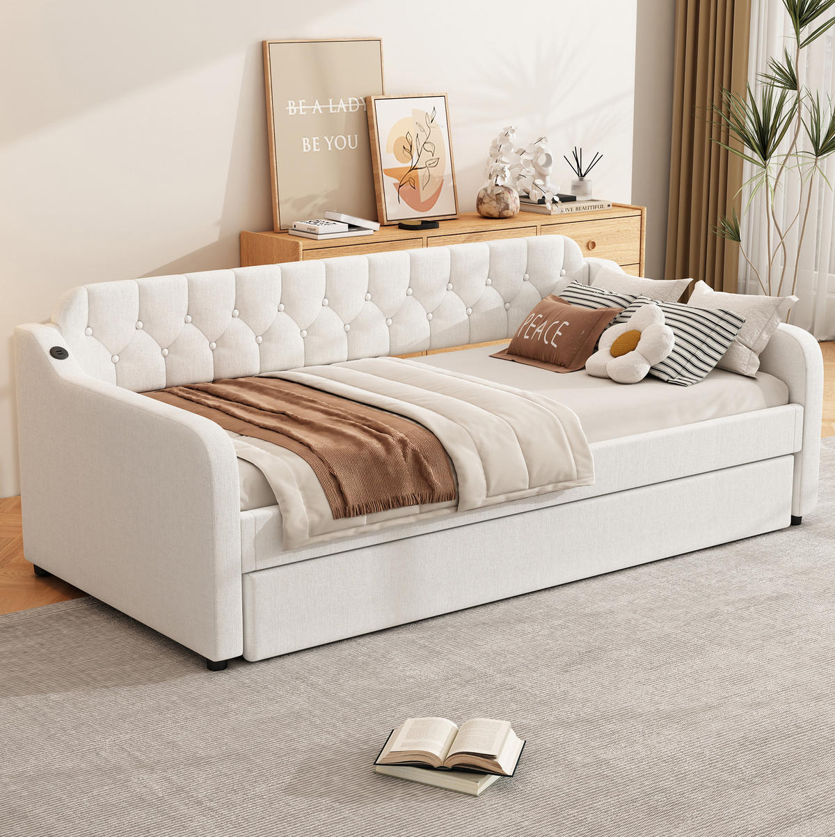 POLSTERBETT 90/200cm mit ausziehbarem Rollbett und USB-Anschluss Beige - Beige, Textil (90/200cm) - OKWISH
