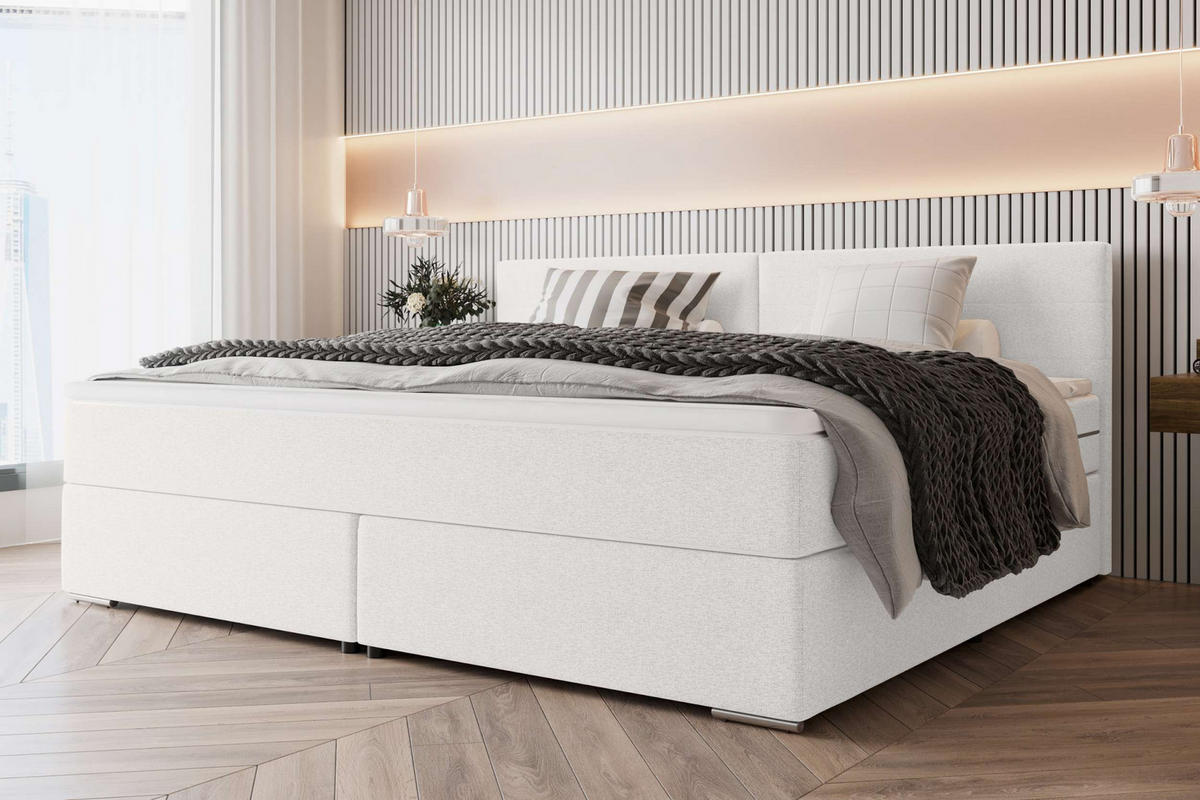 FAMILIENBETT BOXSPRINGBETT Webstoff Weiß 240/200 cm - Chromfarben/Weiß, Kunststoff/Textil (240/200cm) - 99rooms