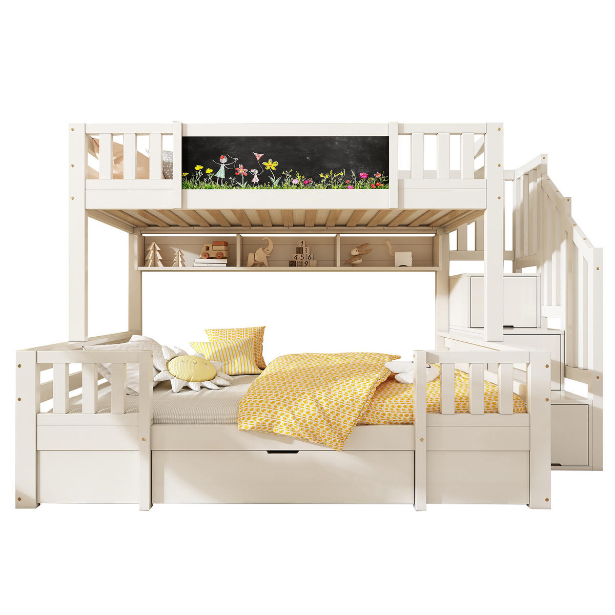 ETAGENBETT 90/200 & 140/200 cm mit Kreidetafel, Leiterschrank und Schubladen aus Massivholz, Weiß - Weiß, Holzwerkstoff (90/200cm) - Redom