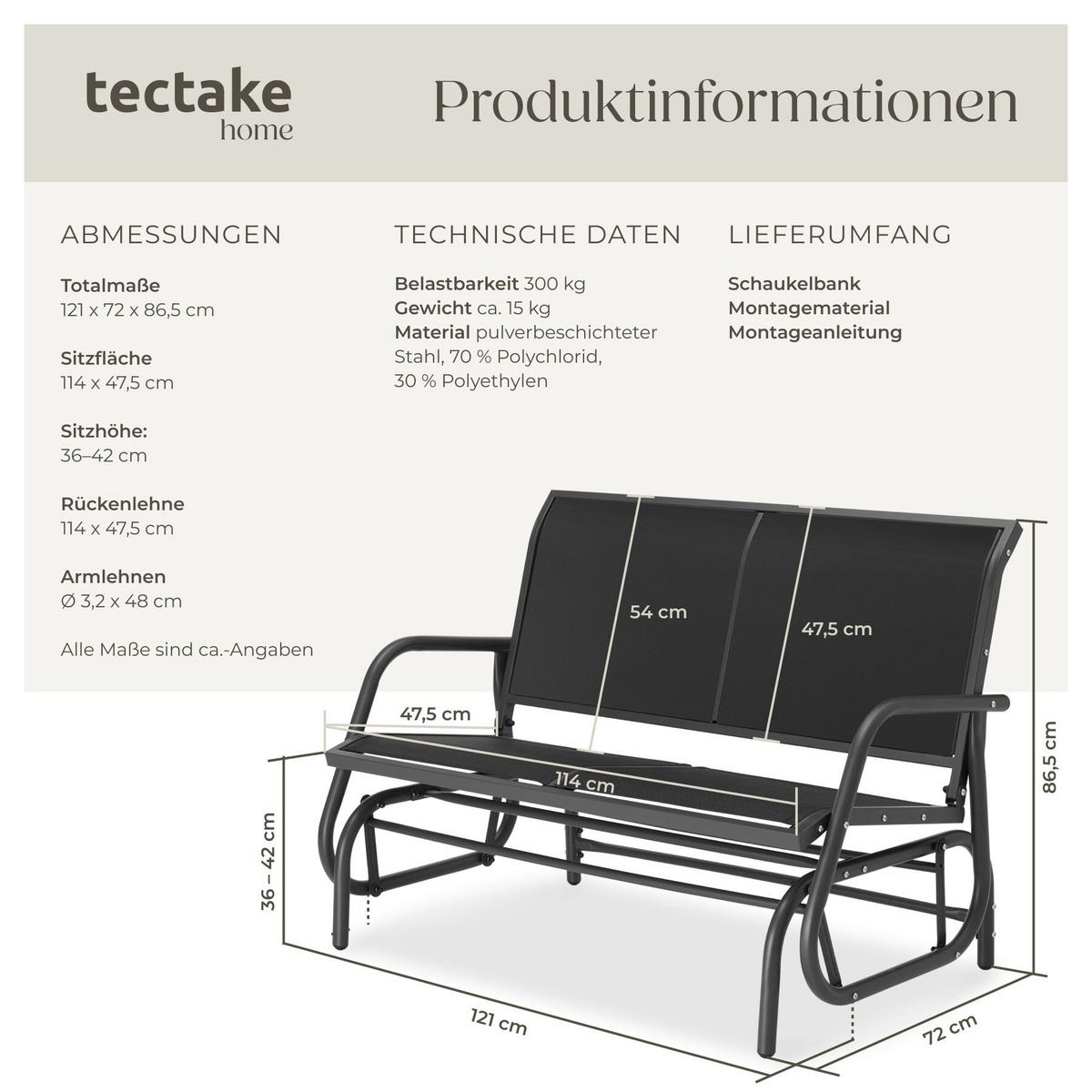 SCHAUKELBANK Greta, 121 x 72 x 86,5 cm, schwarz - Schwarz, Metall (72/86.5/121cm) - tectake
