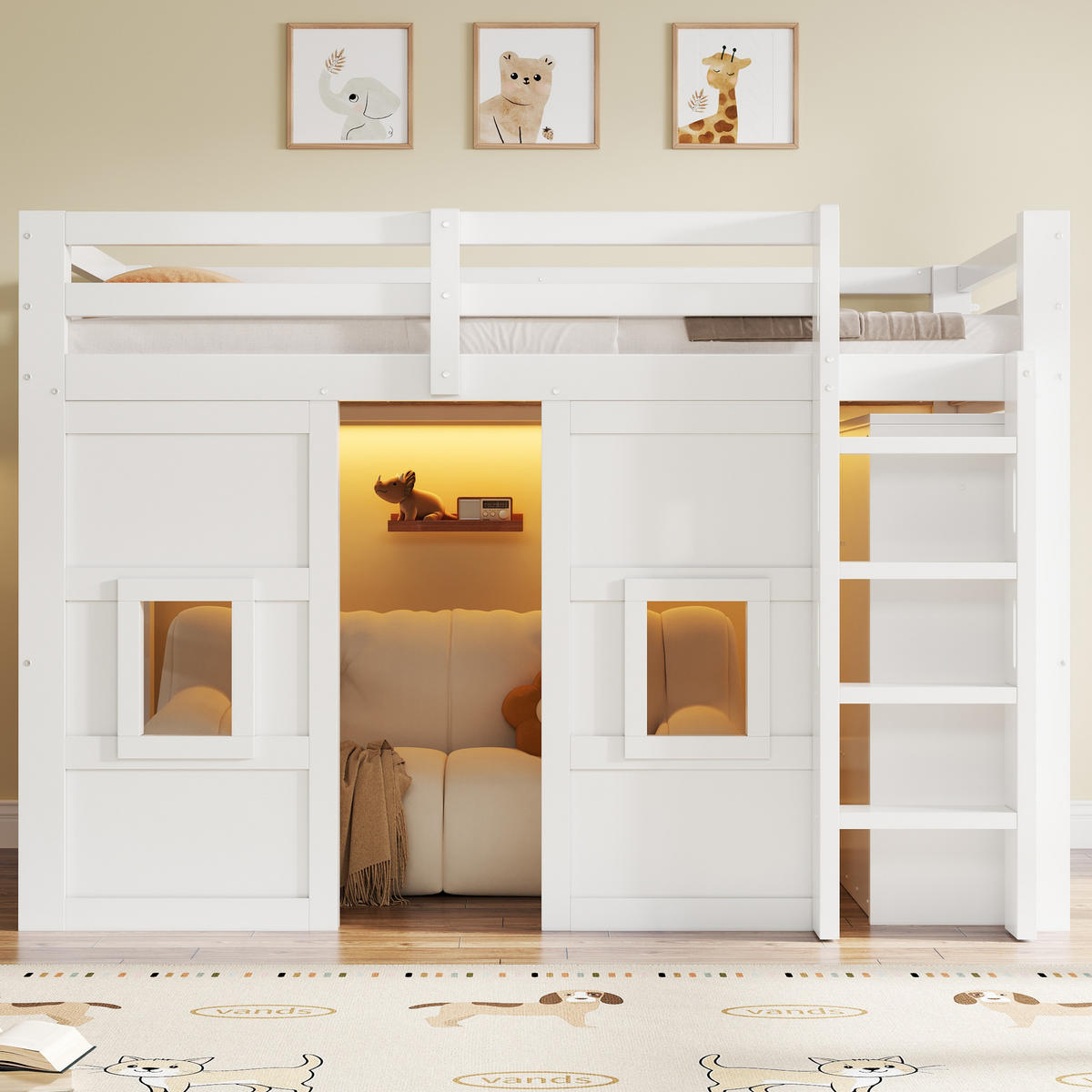 HOCHBETT 90/200 cm in Weiß mit Kleiderschrank, LED und 2 Fenstern - Weiß, Holzwerkstoff (90/200cm) - STILVORA