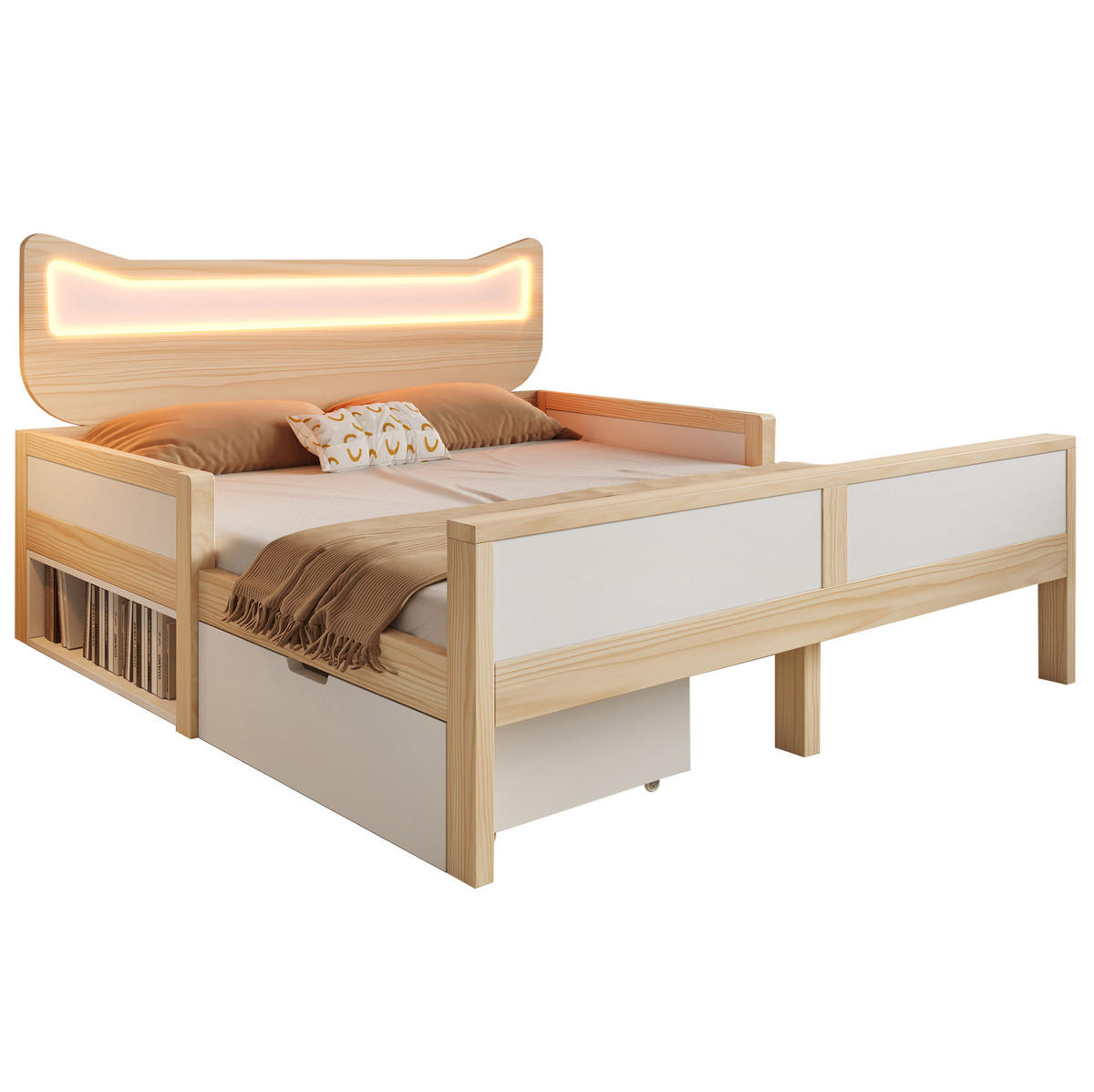KINDERBETT 140/200 cm aus Holz mit LED-Katzenkopfteil und Stauraum Weiß/Eiche - Eichefarben, Holz (140/200cm) - Modenvie