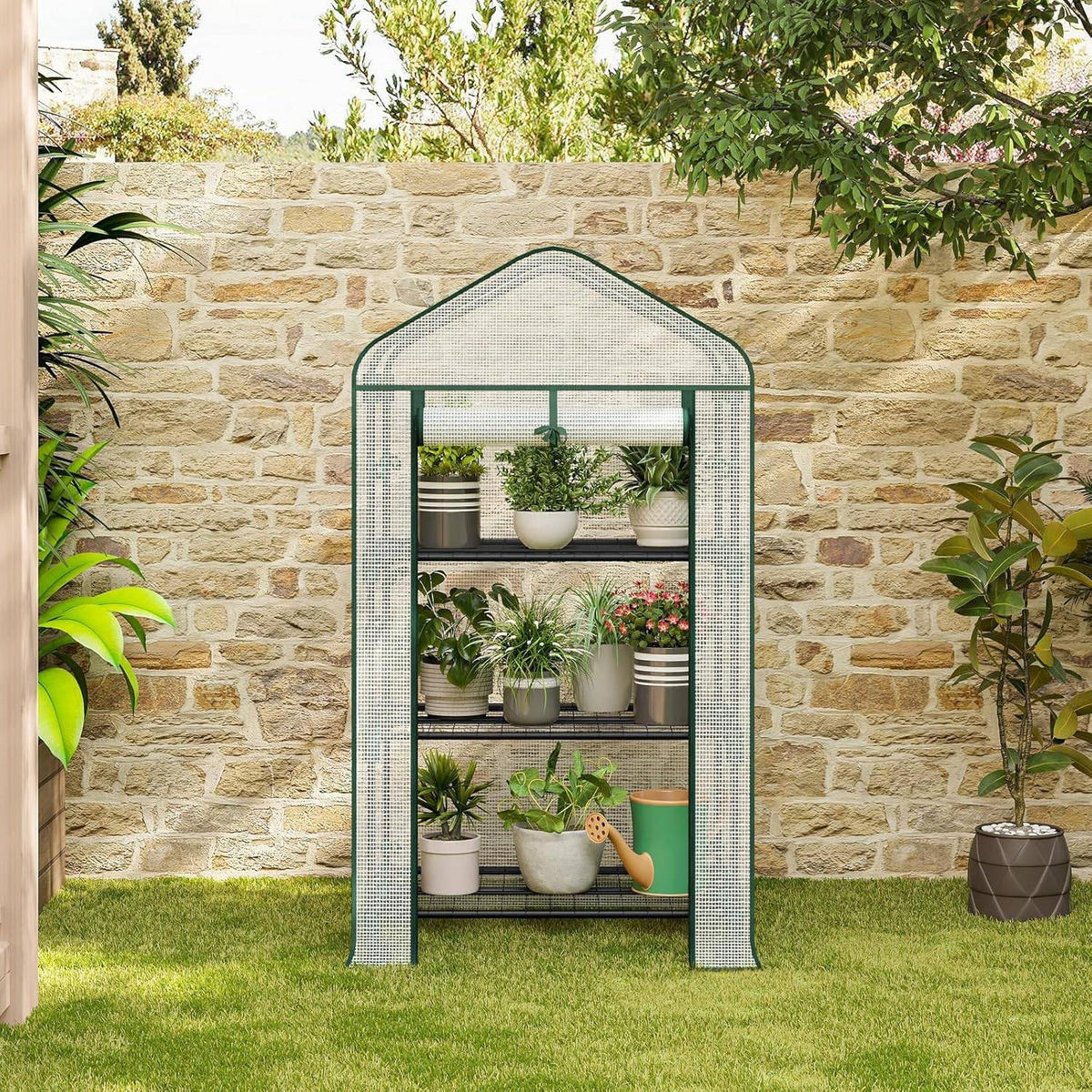GEWÄCHSHAUS mit Rollen, Foliengewächshaus mit 3 Regalen - Weiß, Textil/Metall (70/131/50cm) - Woltu