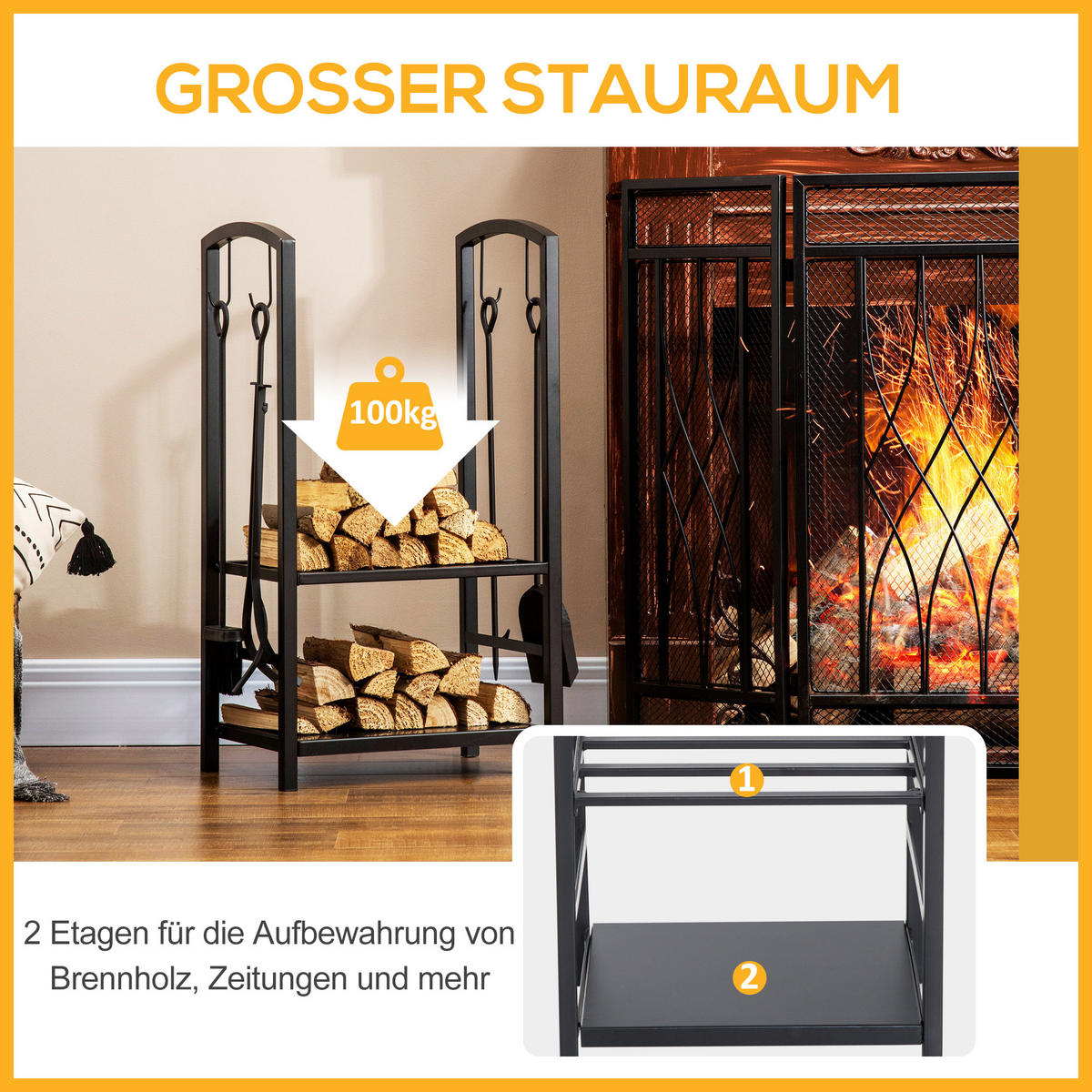 KAMINHOLZSTÄNDER, Stahl, Schwarz - Schwarz, Metall (30/745/40cm) - Outsunny