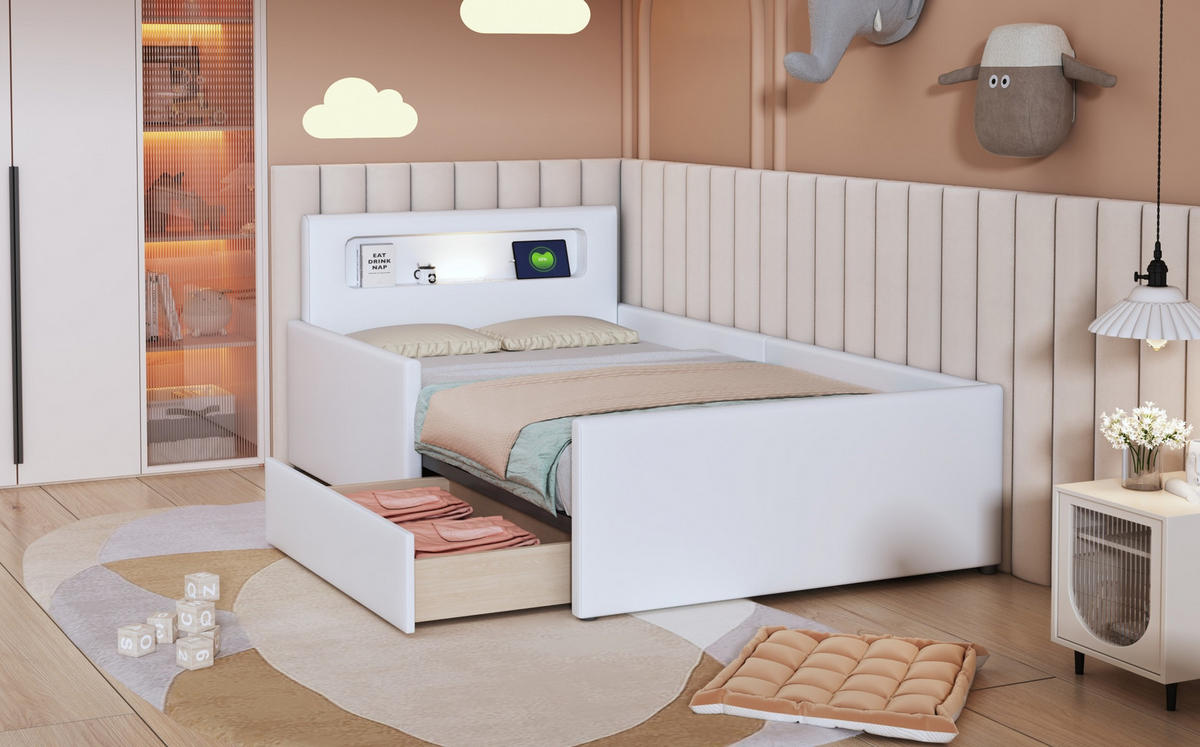 POLSTERBETT 90/200 cm Weiß aus Kunstleder mit Nachtlicht und USB-Ladeanschluss - Weiß, Textil (90/200cm) - OKMYHOME