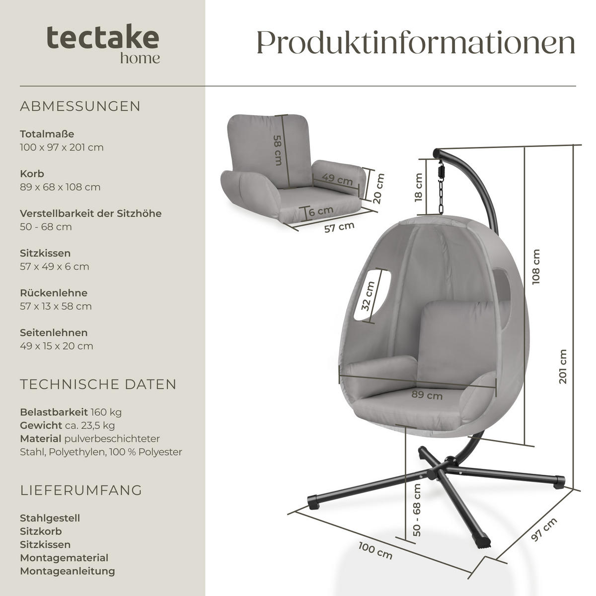 HÄNGESESSEL Anika,inklusive Schutzhülle, 100 x 97 x 201 cm,hellgrau - Hellgrau, Kunststoff/Textil (100/201/97cm) - tectake
