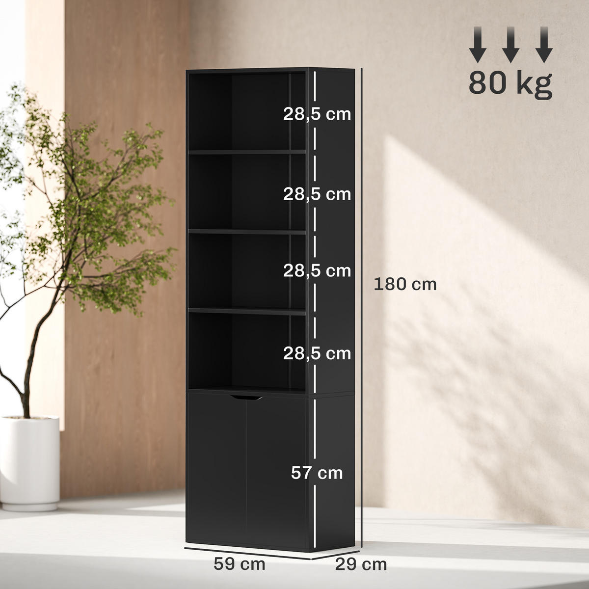 AKTENREGAL DE-14460 mit 4 offenen Fächern und 2 Türen Schwarz - Schwarz, Holzwerkstoff (29/180/59cm) - ComfortXL