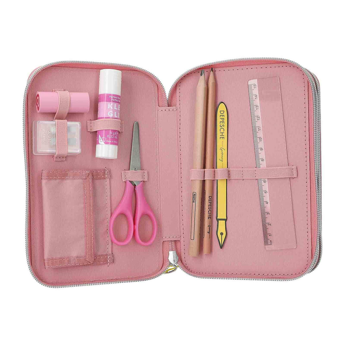 3-FACH FEDERTASCHE MIT AFFEN-APPLIKATION JUICY INKL. STIFTE TOPModel altrosa 7,5 x 13 x 20 cm - Altrosa, Kunststoff (13/20/7.5cm) - Depesche Germany