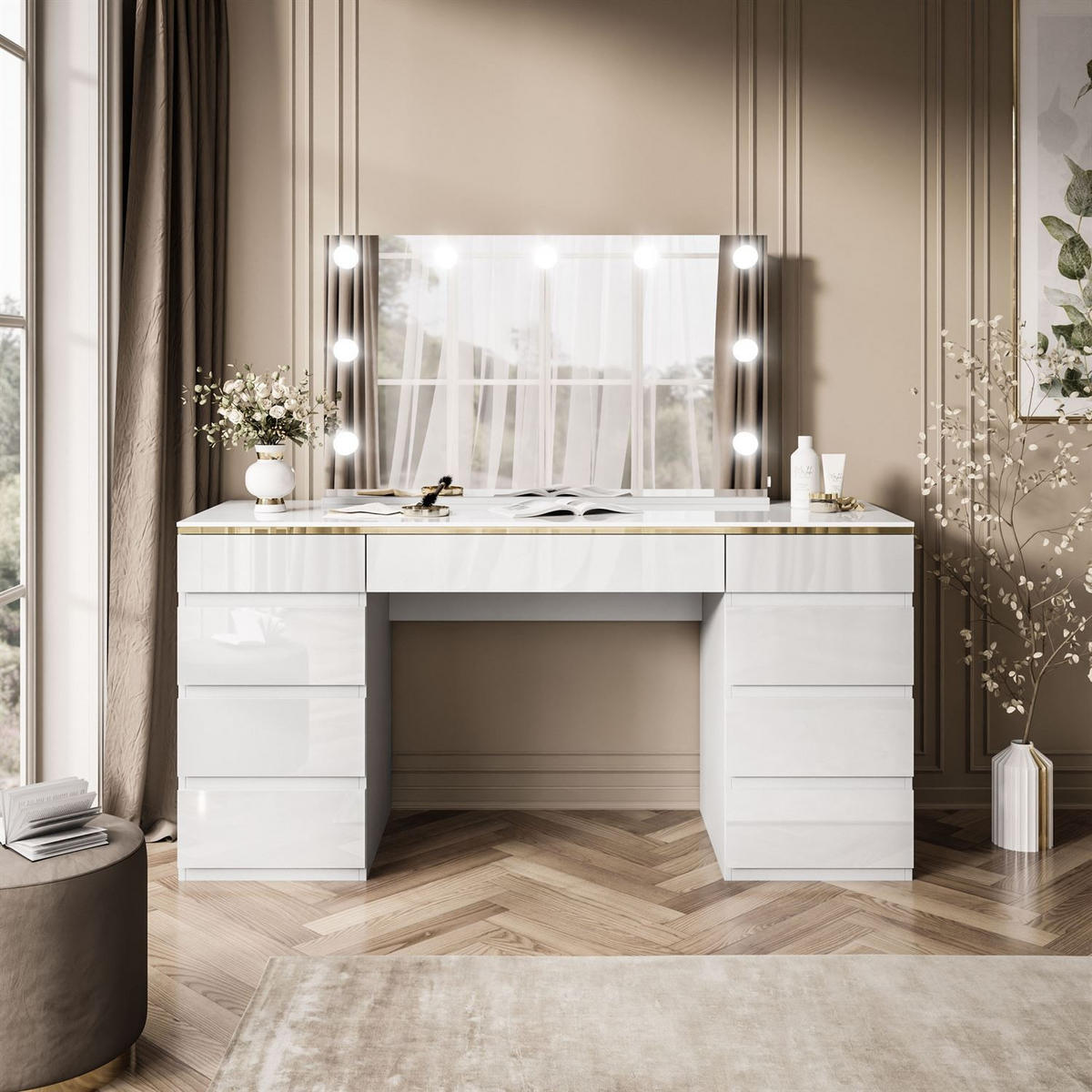 SCHMINKTISCH AURORA DOUBLE GOLD, weiß glänzend - Goldfarben/Weiß, Holzwerkstoff (156.8/79.2/55cm) - Lookway