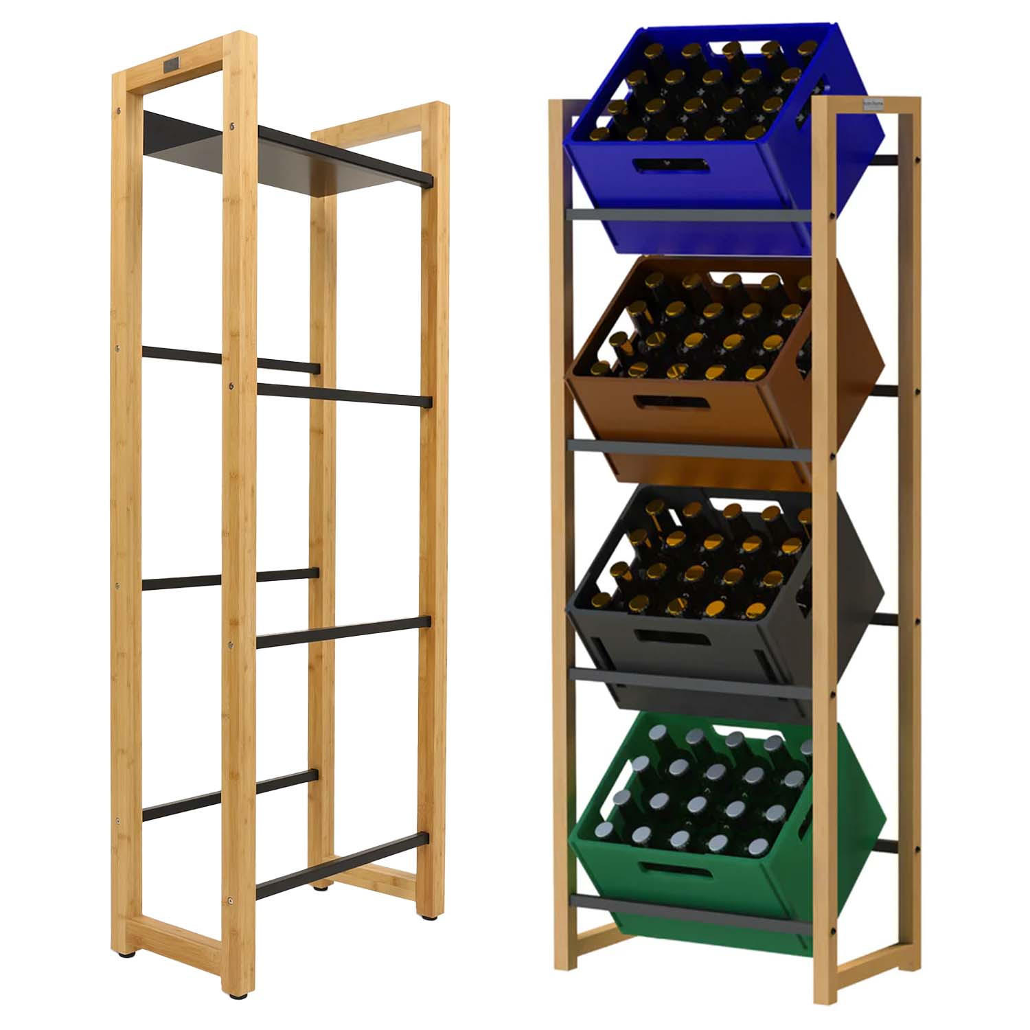 2ER Set Getränkekistenregal mit Ablage - Bambus / Schwarz - 8 Kisten - Naturfarben, Holz (56/153/32cm) - holz4home