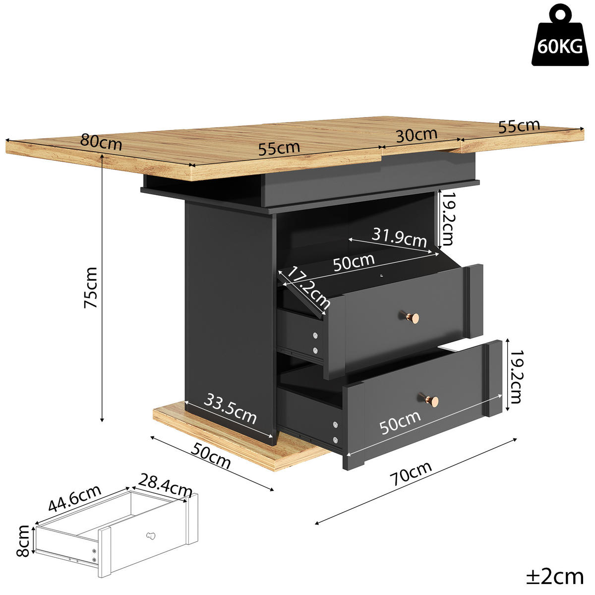 ESSTISCH Ausziehbarer aus MDF mit Stauraum & Klapptür, 110–140/80/75 cm, Schwarz/Natur - Schwarz, Holzwerkstoff (110/80/75cm) - Redom