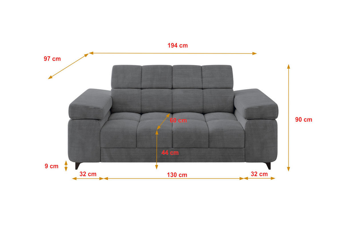 SOFA 2-Sitzer LORD-S1 194x97x90 cm Dunkelgrau Cord - Dunkelgrau, Holzwerkstoff/Textil (194/90/97cm) - ALTDECOR
