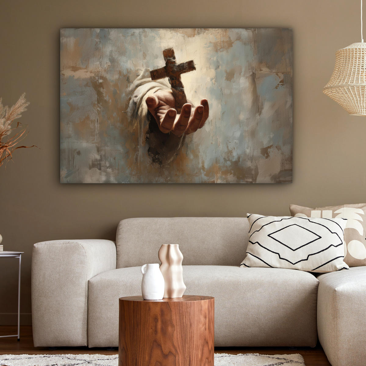 LEINWANDBILD Abstrakt - Kreuz - Hand - Christentum XXL 150x100 cm - Hellbraun, Textil (150/100cm) - MuchoWow