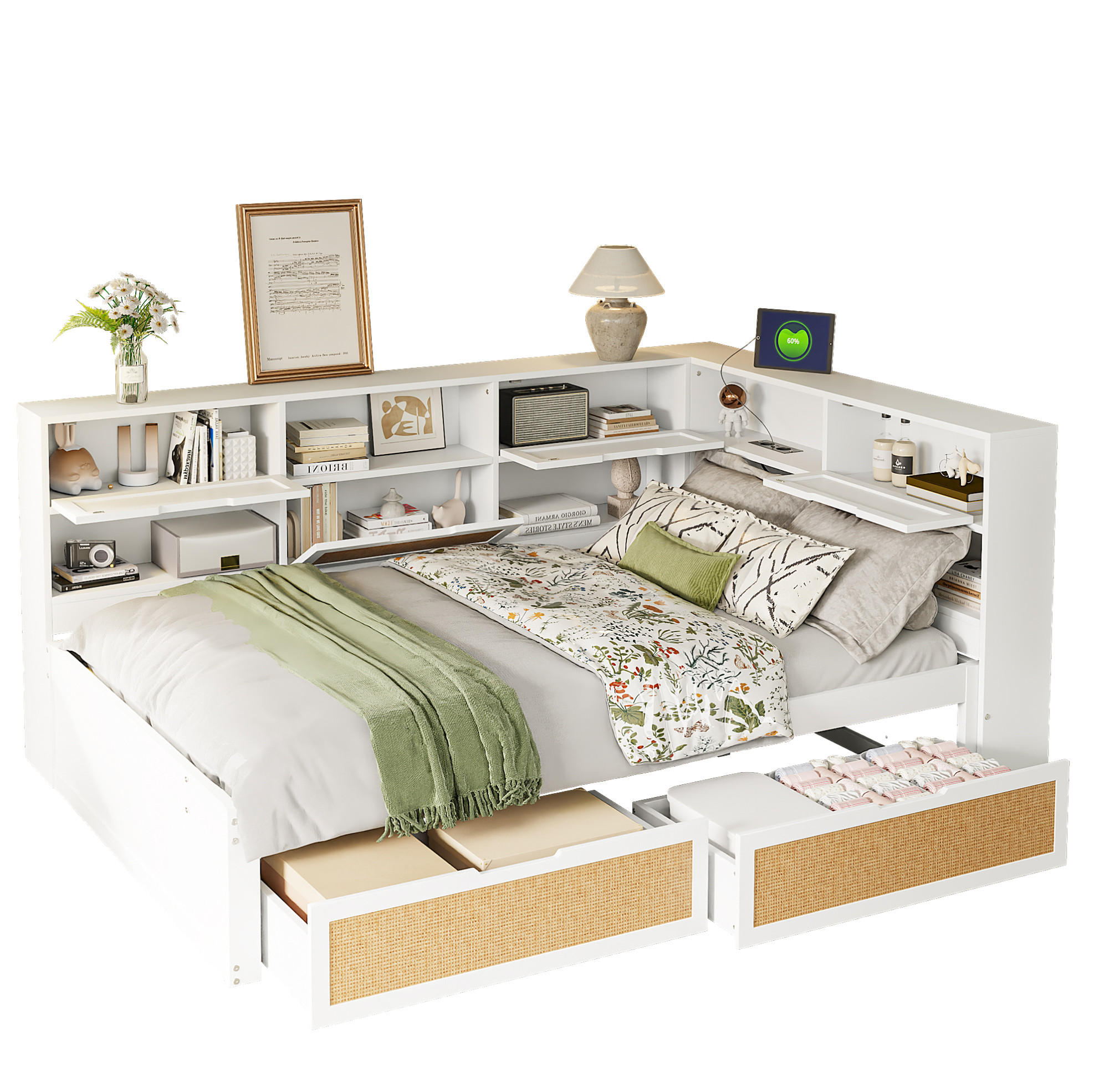 BETT 140/200 cm Weiß mit Stauraum und USB-Anschlüssen - Weiß, Holzwerkstoff (140/200cm) - Flora Grace