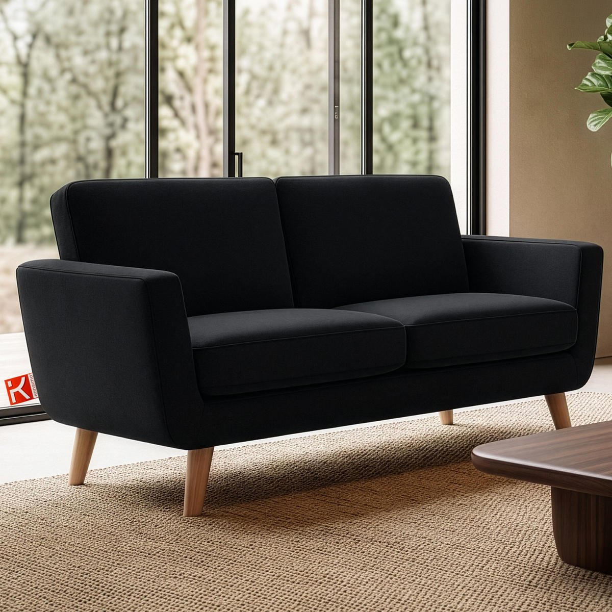 SOFA TAGIO mit Armlehnen, Schwarz - Schwarz/Braun, Buchenholz/Textil (153/80/84cm) - KONSIMO®