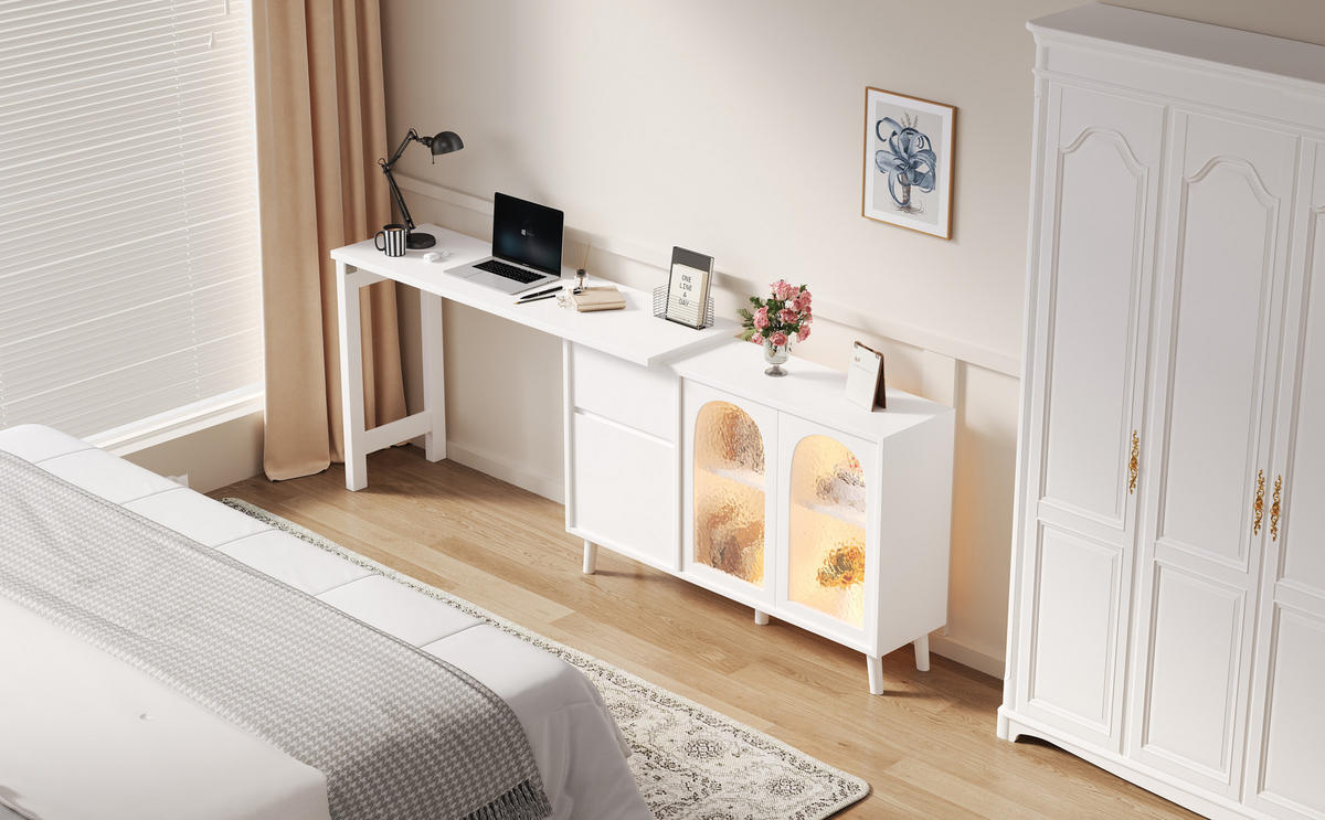 BÜROTISCH Weißer mit Stauraum und Vitrine - Weiß, Glas/Holzwerkstoff (40/120/70cm) - Urban Meuble