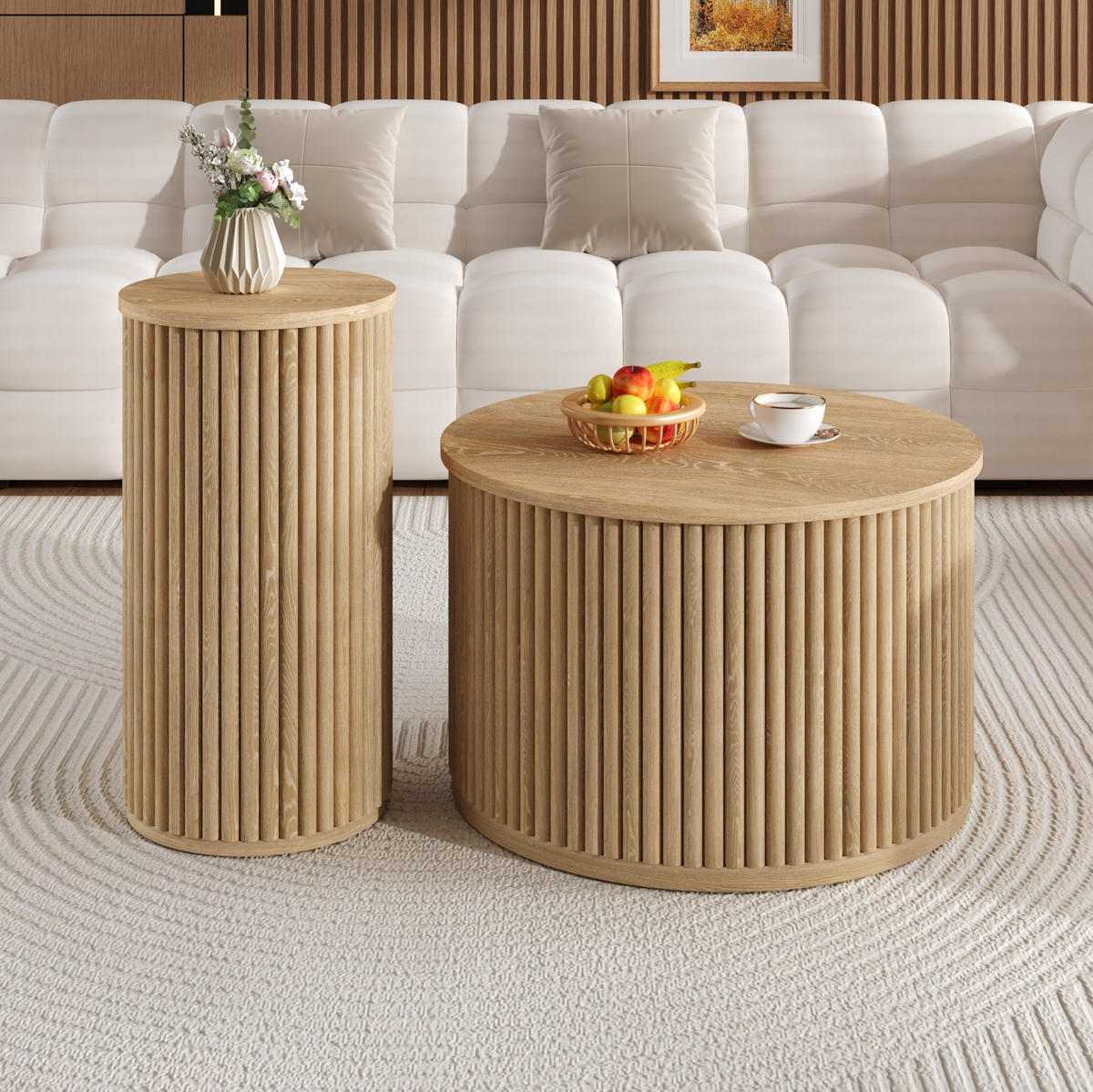 SET klubskih stolića 60/60/38,5 i 30/30/56 cm prirodne boje od MDF-a s 3D prugastim uzorkom - prirodne boje, drvni materijal (60/60/38.5cm) - OKWISH