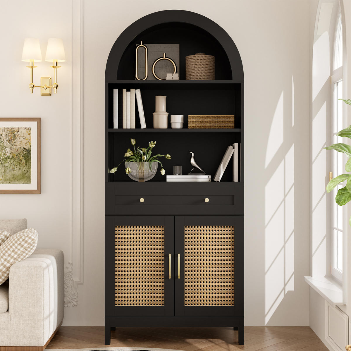 VITRINE DE-37960 mit Rattantüren und 3 Präsentationsfächern Schwarz - Schwarz, Holzwerkstoff (70/170/40cm) - ComfortXL