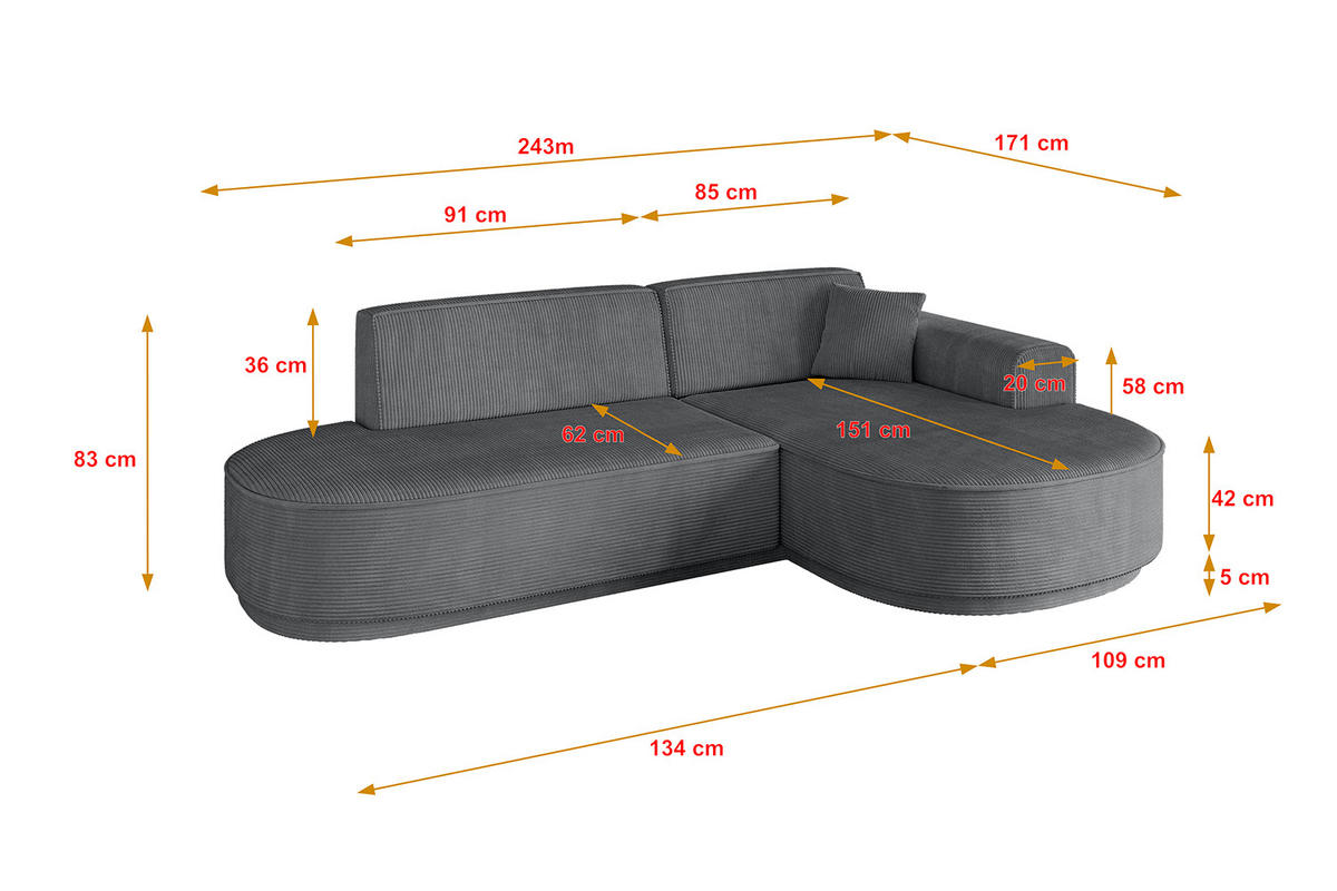 ECKSOFA Ottomane Rechts MARI-L1-v3 - 243x171x83 cm Dunkelgrau Cord - Dunkelgrau/Schwarz, Holzwerkstoff/Kunststoff (171/243cm) - ALTDECOR
