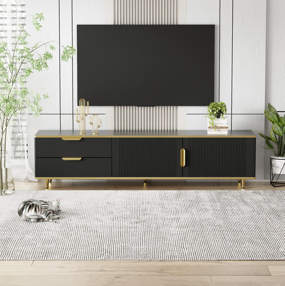 TV-LOWBOARD in Schwarz mit Golddetails, 2 Schubladen und 2 Türen 175/40/45 cm - Schwarz, Holzwerkstoff (175/45/40cm) - Redom
