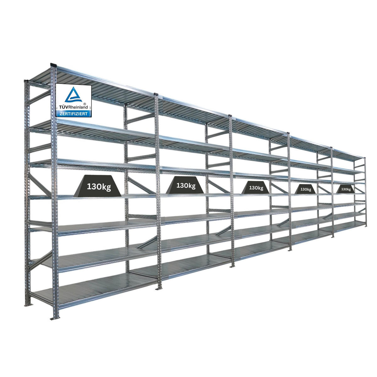 FACHBODENREGAL Proximo Stecksystem 250x750x60cm 7 Ebenen Beidseitig nutzbar Verzinkt - Silberfarben, Metall (750/250/60cm) - PROREGAL