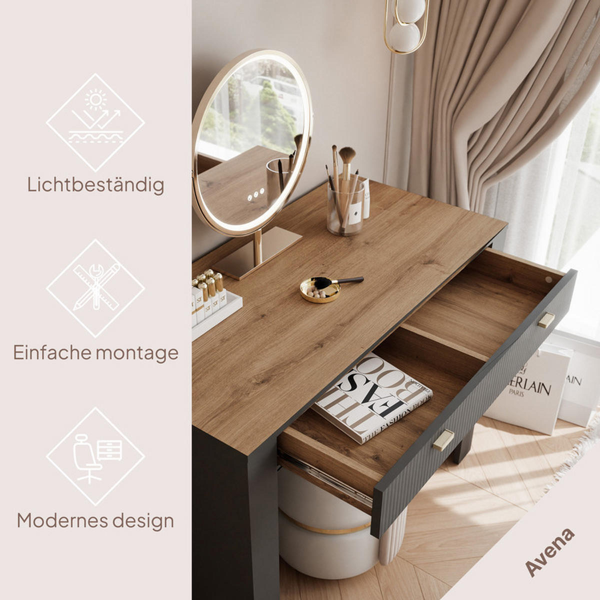 SCHMINKTISCH AVENA mit 2 Schubladen, 102 cm Schwarz/Eiche - Schwarz, Holzwerkstoff/Kunststoff (102/79/50cm) - Idohome