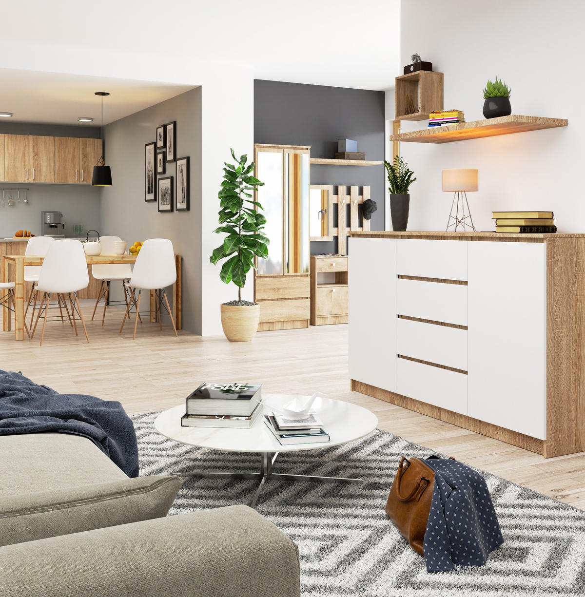 KOMMODE Eiche Sonoma, Weiß 99/160/40 - Weiß, Holzwerkstoff (160/99/40cm) - RAUMHIRSCH FURNITURE