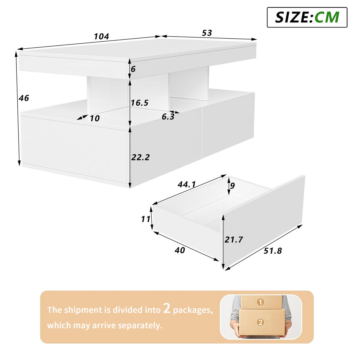 COUCHTISCH 104 x 53 x 46 cm, Wohnzimmertisch mit LED-Beleuchtung und Schubladen, Hochglanz Weiß - Weiß, Metall (104/53/46cm) - PARAFTA HOME