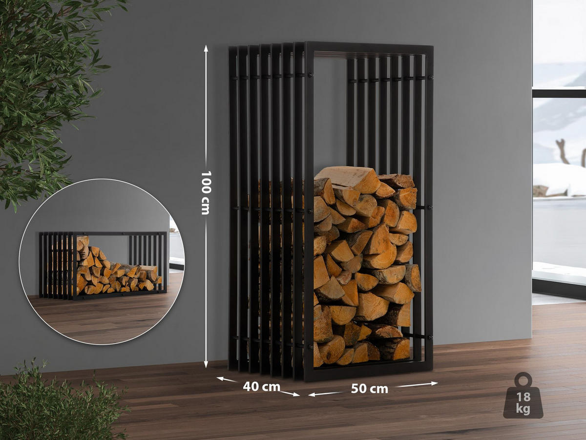 KAMINHOLZREGAL 50/40/100 cm Metall schwarz-matt - Schwarz, Metall (50/100/40cm) - CLP