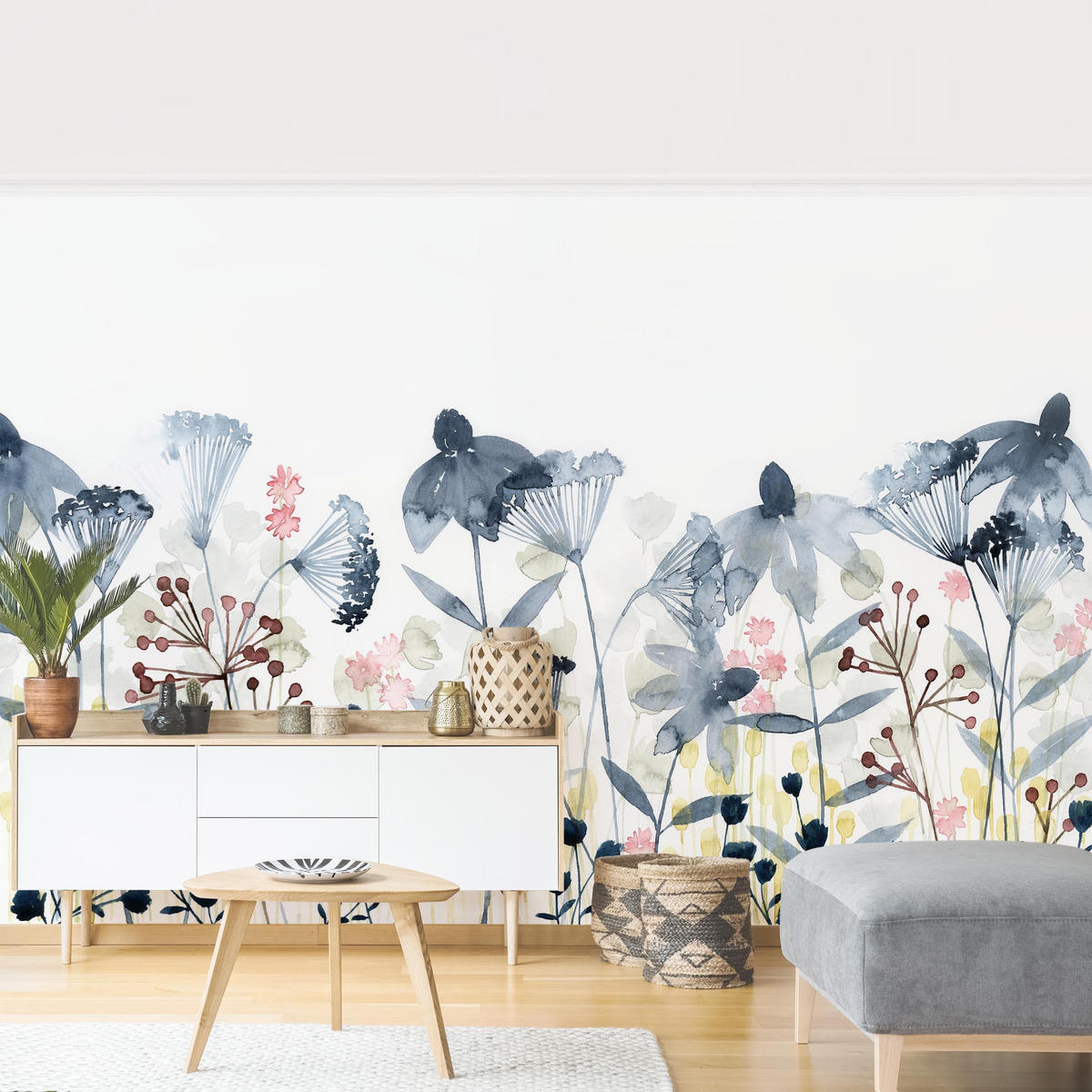 FOTOTAPETE Wildblumen Aquarell I 288/190 cm - Weiß, Papier (288/190cm) - Bilderwelten