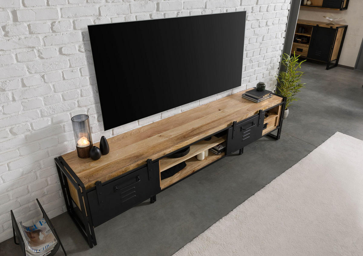 TV-BOARD Mango 240x45x55 natur klar lackiert / Metall schwarz BLACKBURN #555 - Naturfarben, Holz (45/55/240cm) - Massivmoebel24