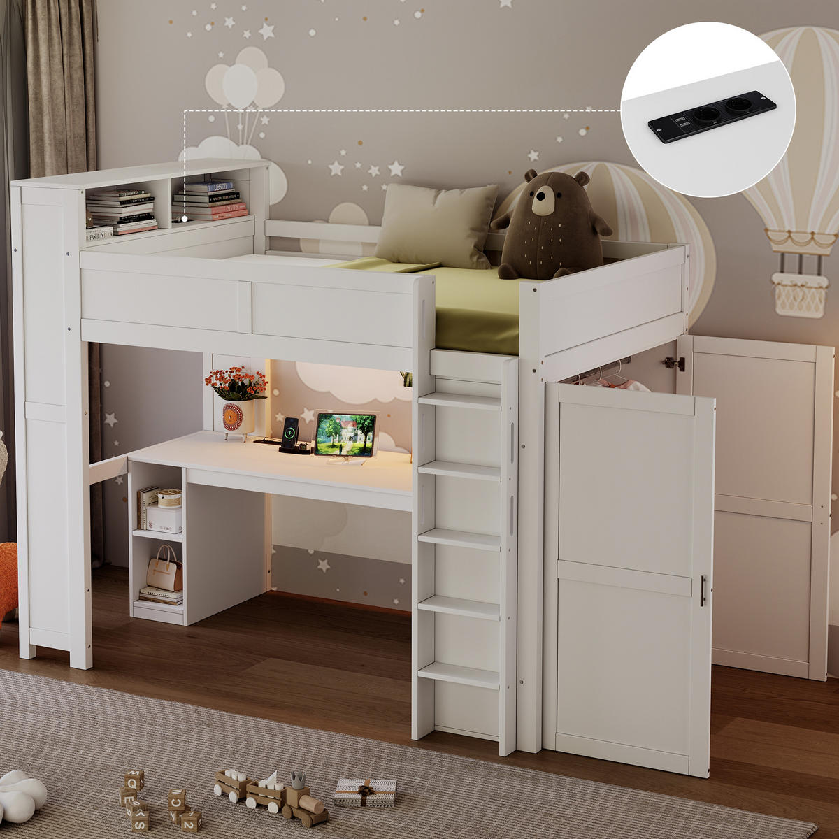 HOCHBETT 90 x 200 cm mit Schreibtisch, Staufächern, Kleiderschrank, USB-Anschluss und LED-Beleuchtung, weiß - Weiß, Holz (90/200cm) - KOMHTOM