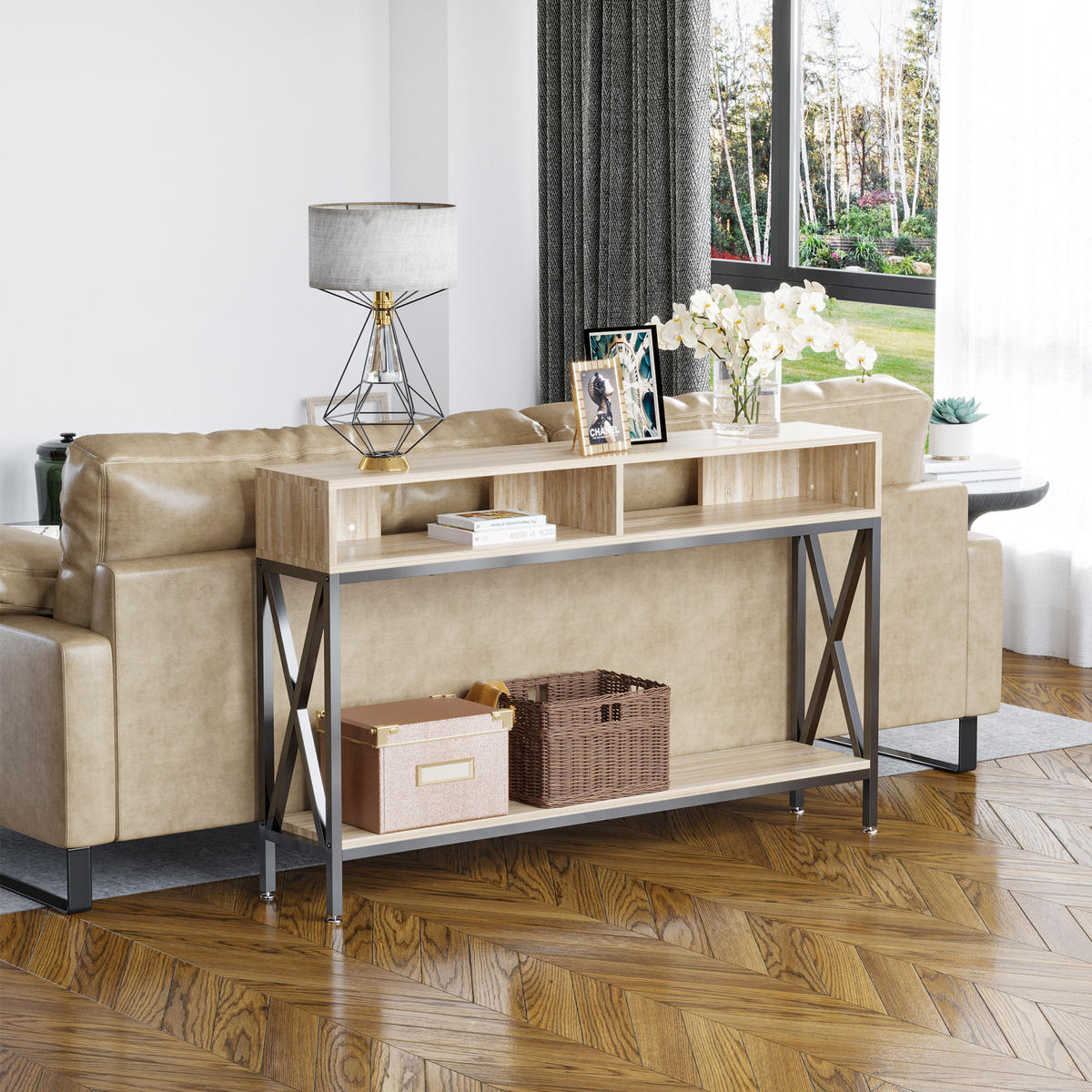 KONSOLENTISCH DE-16807 Holzoptik & Schwarz - Beige, Holzwerkstoff (120/23/75cm) - ComfortXL