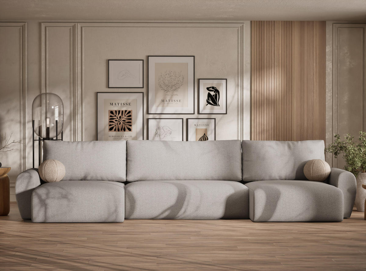 WOHNLANDSCHAFT MIT SCHLAFFUNKTION Zaya Seidengrau Webstoff - Beige/Schwarz, Holz/Holzwerkstoff (397/70/153cm) - Maison de Reve