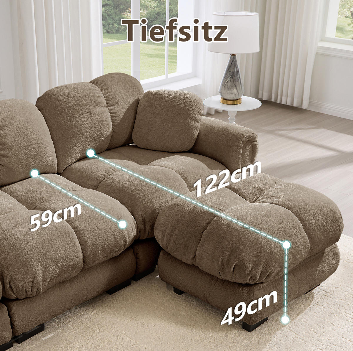 SOFA 190/149/90 cm in Braun aus Chenille mit Steppnaht und Ottomane - Braun, Textil (149/90/190cm) - Flora Grace