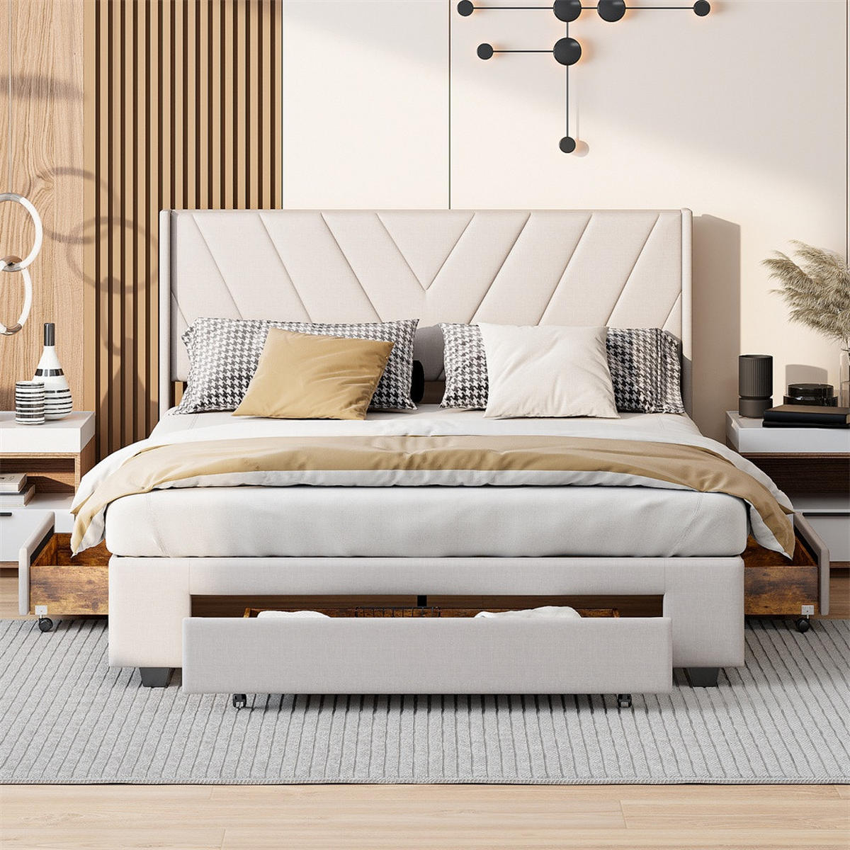 POLSTERBETT 140x200 cm mit 3 Schubladen - Kopfteil mit minimalistischem Liniendesign - ohne Matratze - Beige - Beige, Textil (140/200cm) - DELFA