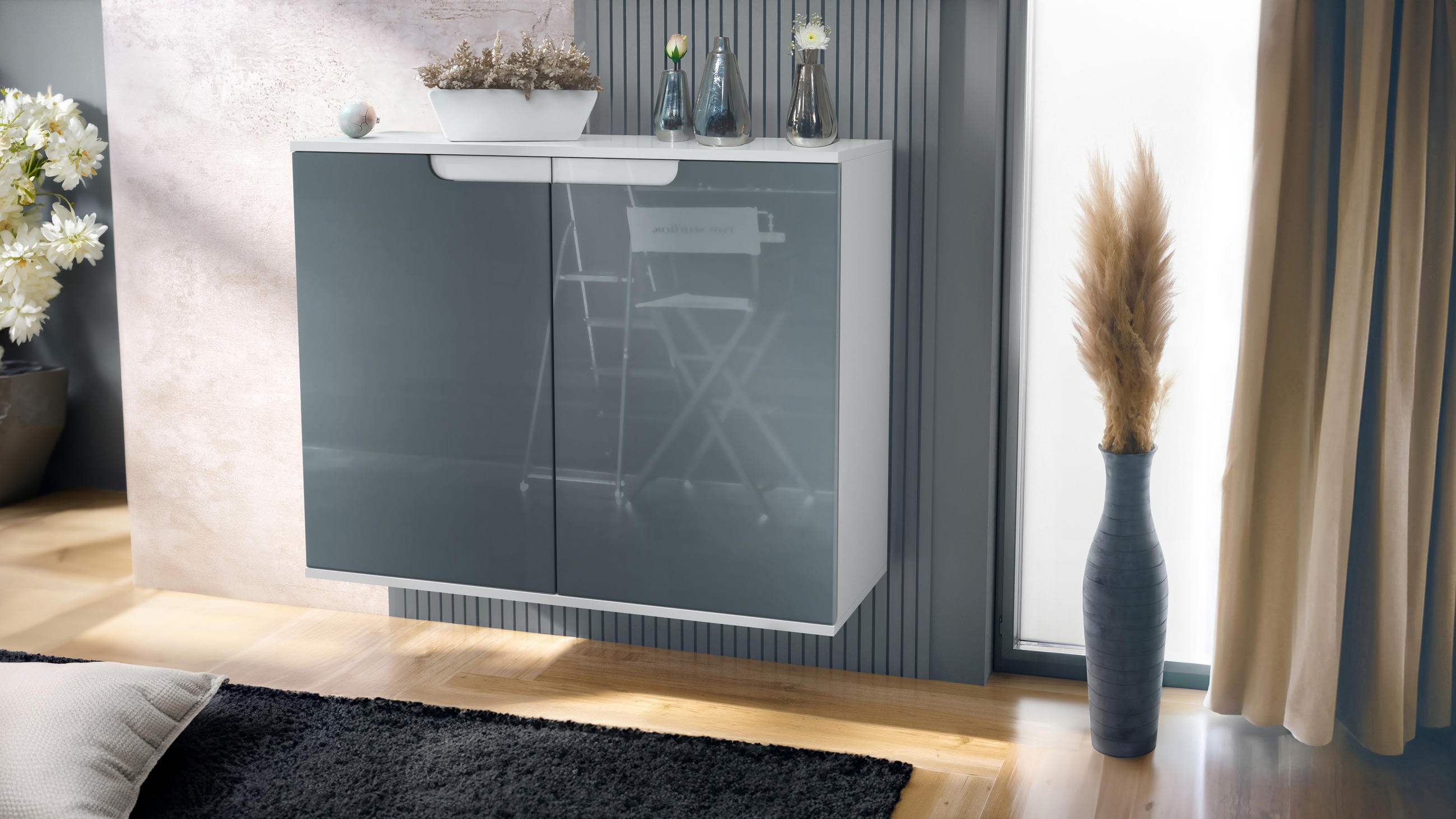 KOMMODE Sylt Grau Hochglanz - Grau, Holzwerkstoff (92.5/73.5/35cm) - Vladon