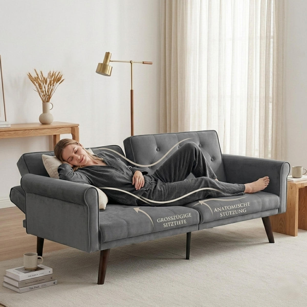 SCHLAFSOFA aus Samt in Grau mit verstellbaren Rückenlehnen - Grau, Textil (172/70/89cm) - Modfu