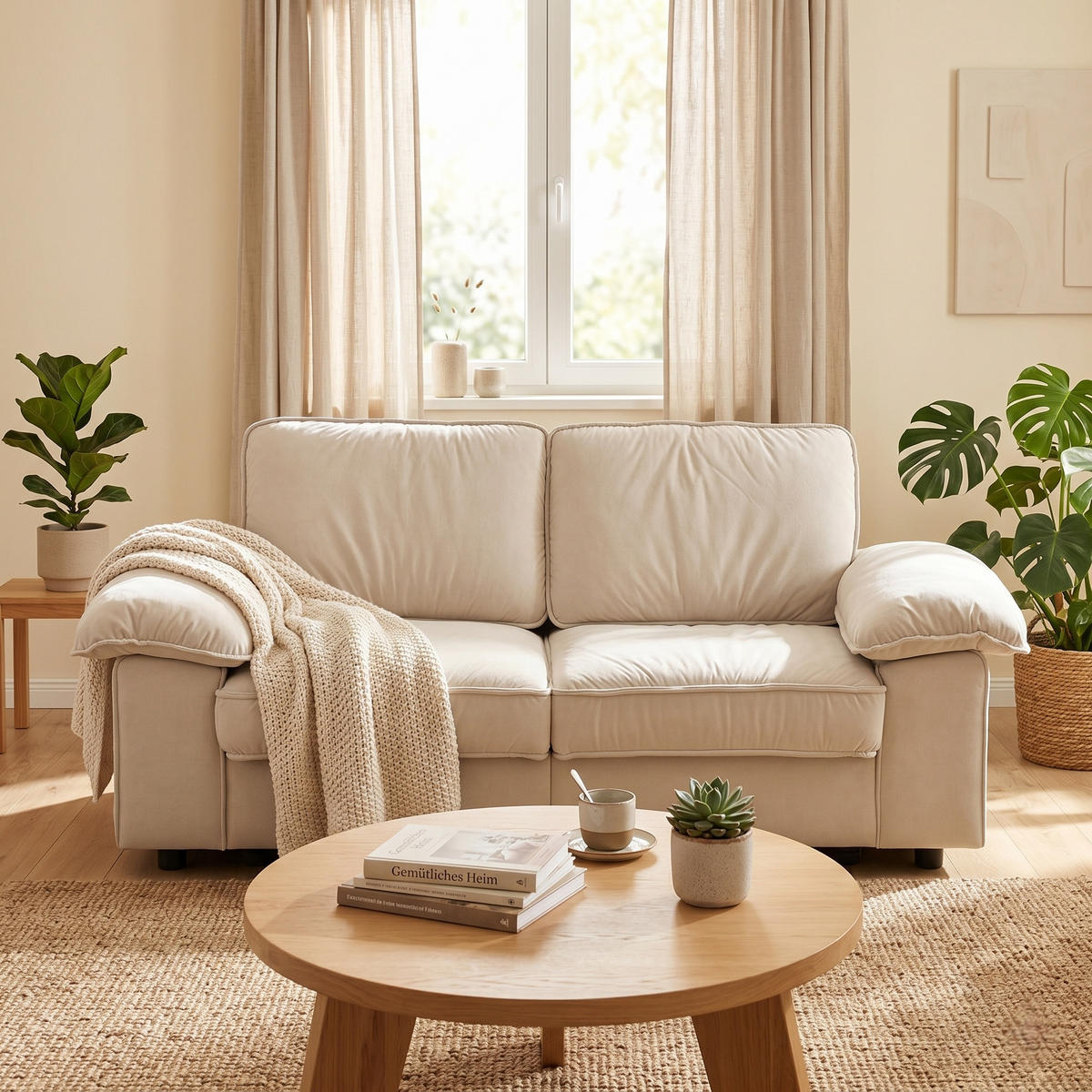2-SITZER SOFA Samt Cream White mit Stauraum und Taschenfederkern - Creme, Holzwerkstoff/Kunststoff (201/89/91cm) - WISHDOR
