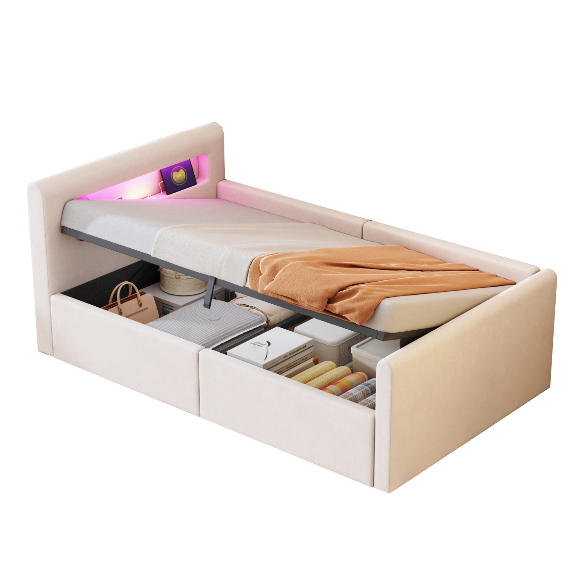 KINDERBETT 90/200 cm aus Samtstoff mit LED-Kopfteil und hydraulischem Stauraum Beige - Beige, Textil (90/200cm) - Modenvie