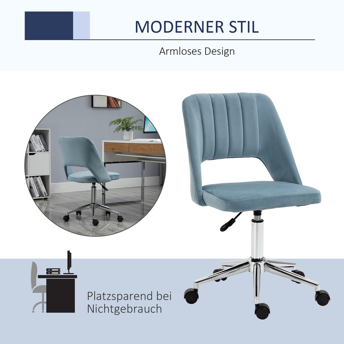 BÜROSTUHL Drehstuhl Jakobsmuschel-Form verstellbar Samtartiges Polyester Blau - Blau, Kunststoff (60/91/49cm) - Vinsetto