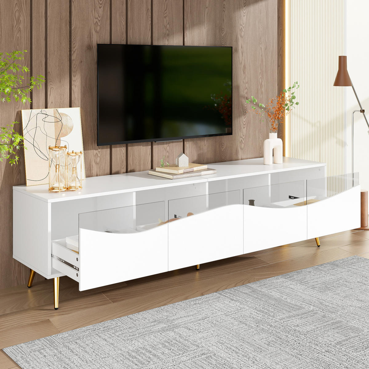 TV-SCHRANK mit LED 180 x 40 x 50 cm Weiß mit Glasfront - Weiß, Holzwerkstoff (40/50/180cm) - Beauniv