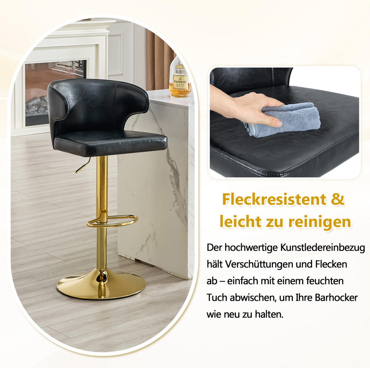 BARHOCKER mit Rückenlehne, höhenverstellbar, 360° drehbar, PU Schwarz - Schwarz, Metall (45/110/49.7cm) - Meubliv