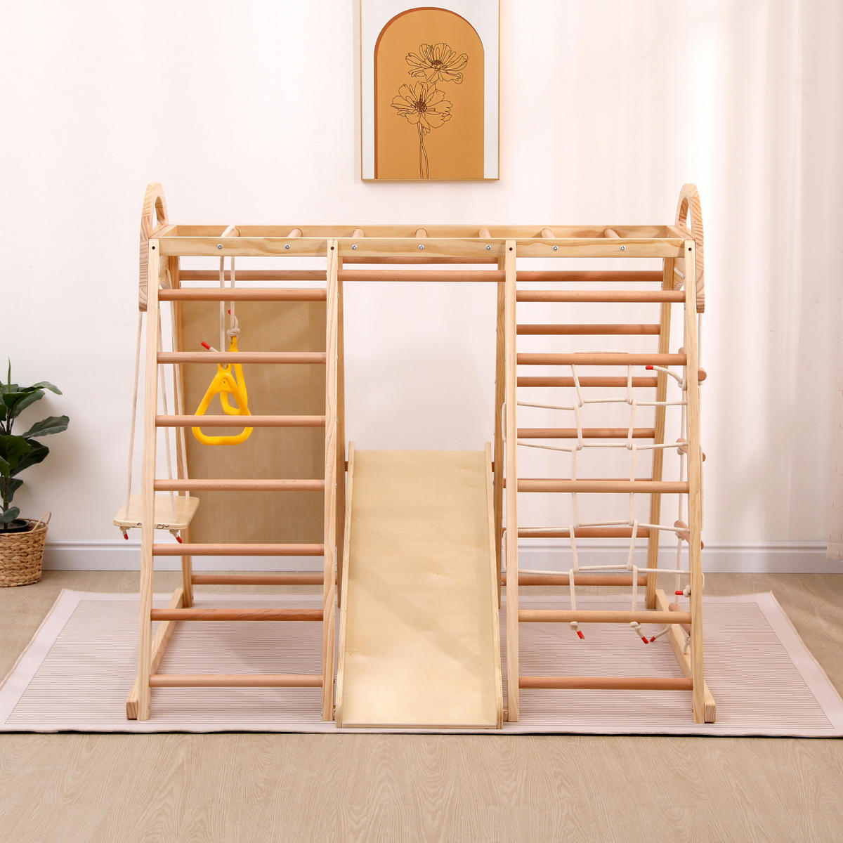 MULTIFUNKTIONS-KLETTERGERÜST 7-in-1,mit Schaukel, Kletterleiter, Kletterplattenrutsche, Ein Netz zum Klettern, Kletterstein aus Kunststoff. - Kernbuche, Holz (120/120/134cm) - Hauptrolle
